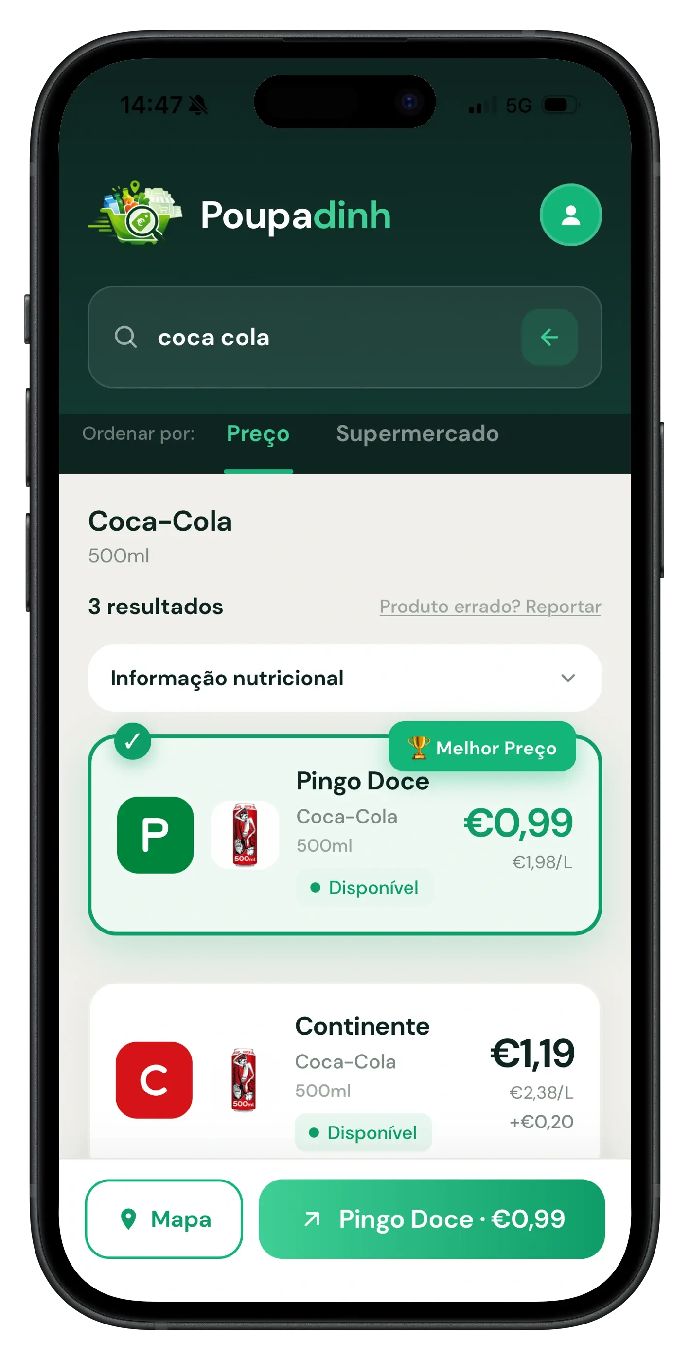 Ecrã inicial da app Poupadinh