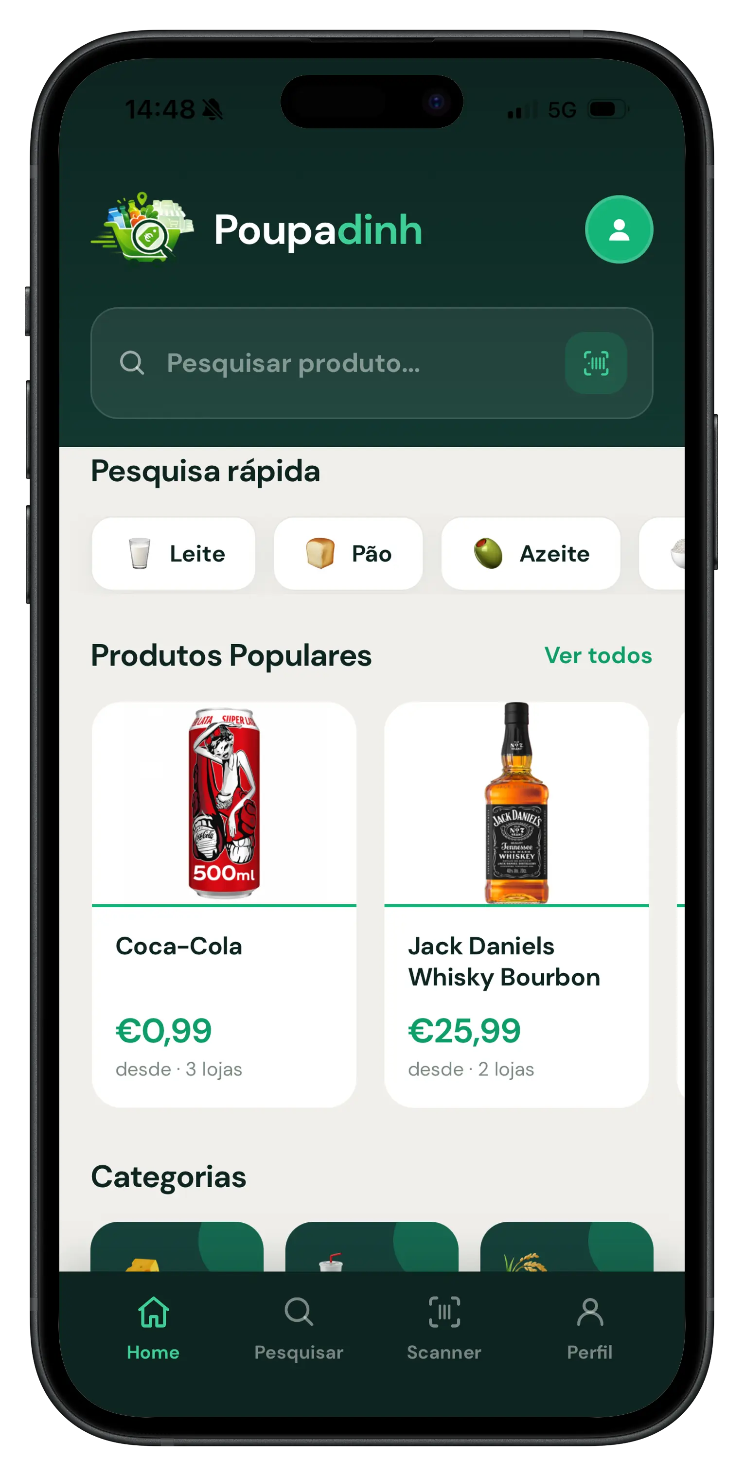 Comparação de preços na app Poupadinh